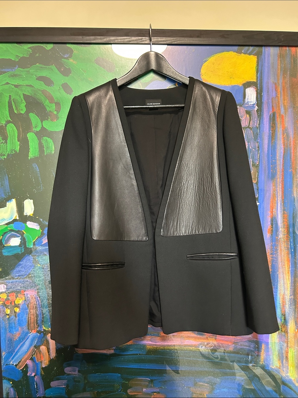 Club Monaco Black Leather-Trim Open Blazer